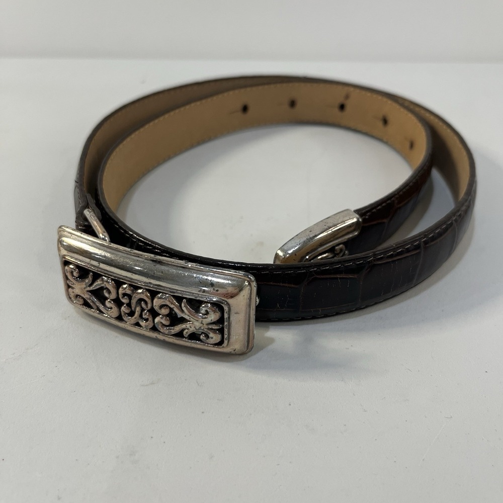 Vtg Brighton Womens Slim Brown Reptile Belt #37109 Silver Tone Buckle Tip Size S